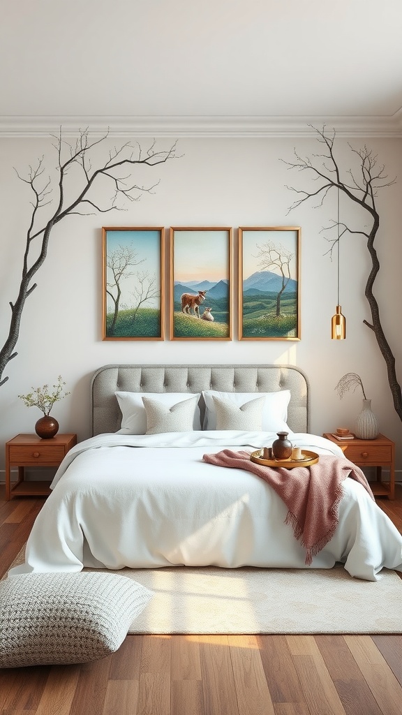 A cozy fairycore bedroom featuring nature-inspired wall art and decor.