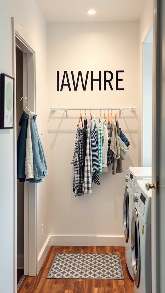 A hallway laundry room featuring a magnetic drying rack with clothes hanging on it, accompanied by a washer and a geometric rug.