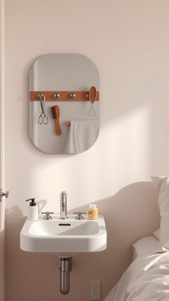 A bathroom setup featuring a mirror, a wooden magnetic strip with hair tools, and a sink.