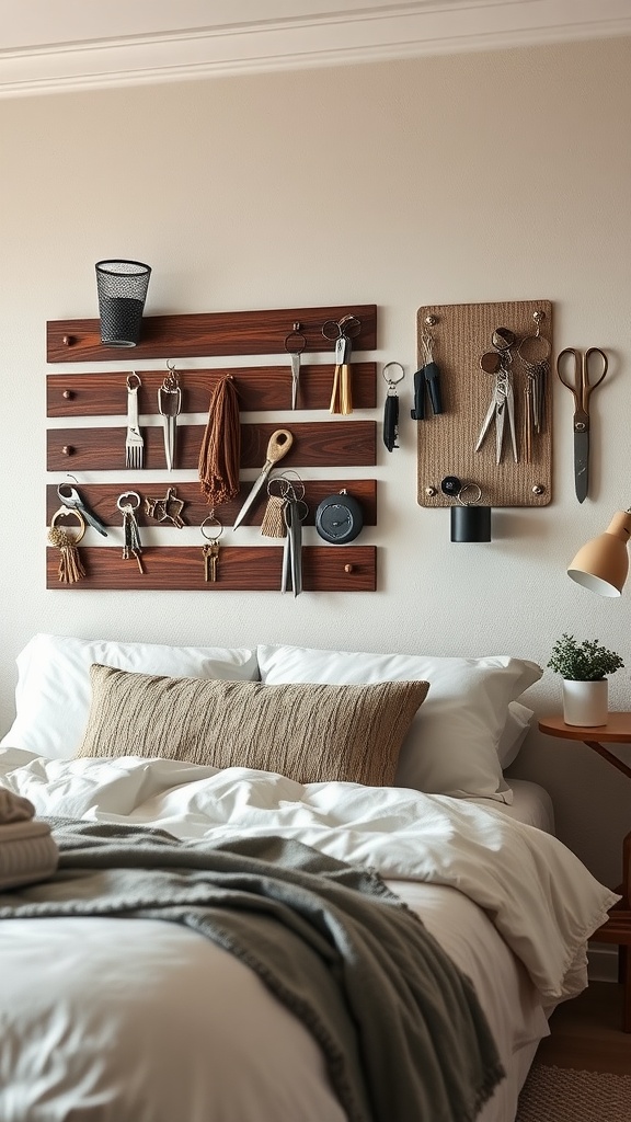 A bedroom with magnetic strips holding small metal items like scissors, keys, and a basket on the wall above a bed.
