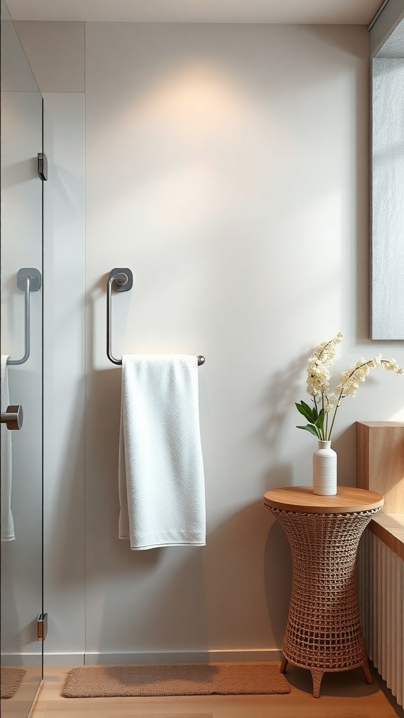 A modern bathroom featuring a white towel hanging from a sleek magnetic towel holder, with a wooden stool and decorative plant in the background.