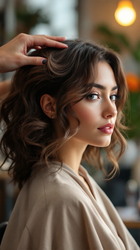 A stylist curling medium-length hair to create a butterfly cut, showcasing soft layers.