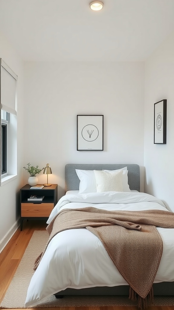 A small, minimalist guest bedroom featuring a bed with white bedding, a brown throw, a nightstand with a lamp, and simple wall art.