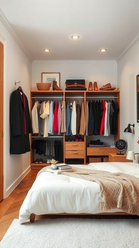 Organized closet space in a modern bedroom with clothes, shoes, and decorative elements.