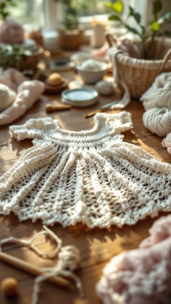 Crochet baby dress displayed on a wooden table with yarn and crafting materials.