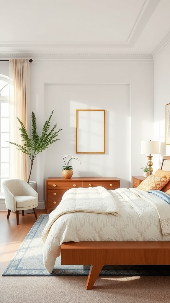 A neutral aesthetic bedroom featuring symmetrical designs, a wooden bed, plants, and warm decor.