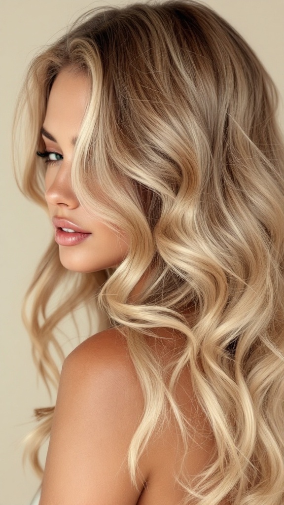 A woman with blonde highlights on dirty blonde hair, showcasing beautiful waves and a glowing complexion.
