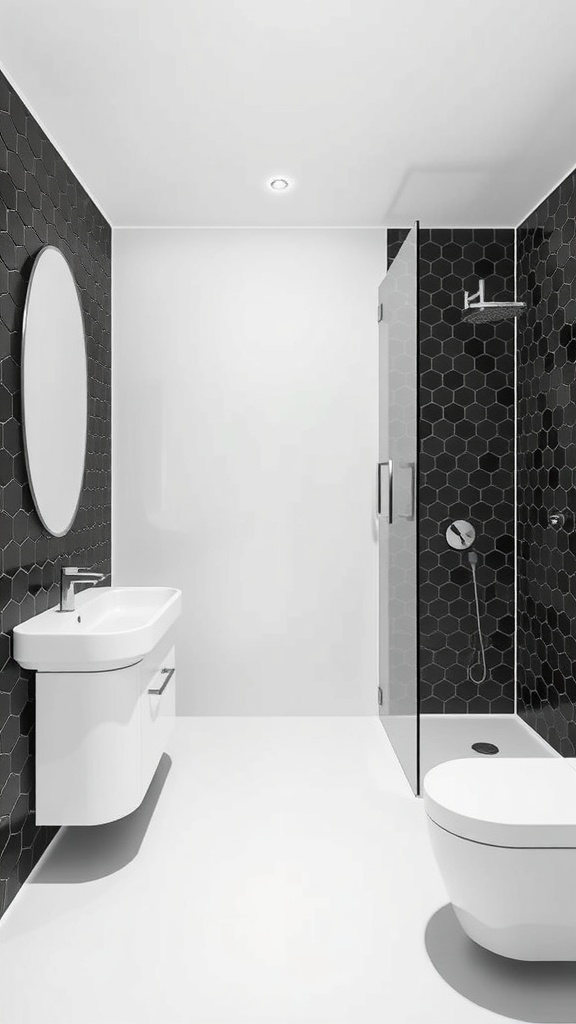 A modern bathroom with black hexagon tile flooring, white walls, a circular mirror, and a glass shower enclosure.