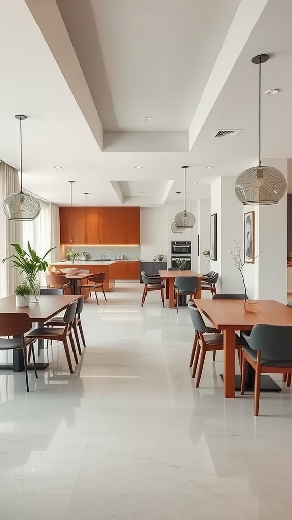 A modern dining room and living room combo with an open layout, featuring wooden tables, sleek chairs, and pendant lighting.