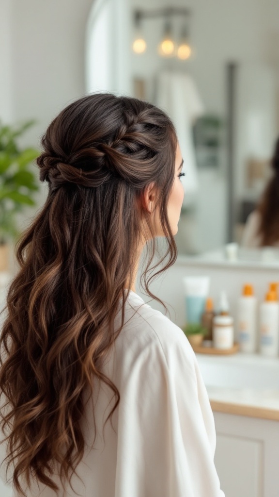 A woman with long, wavy hair styled in a half up half down look with soft braids, set against a softly lit bathroom.