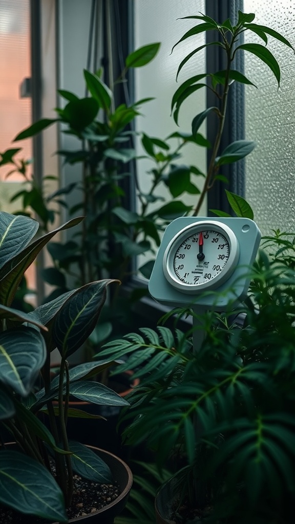 A thermometer surrounded by house plants, representing humidity levels for plant care.