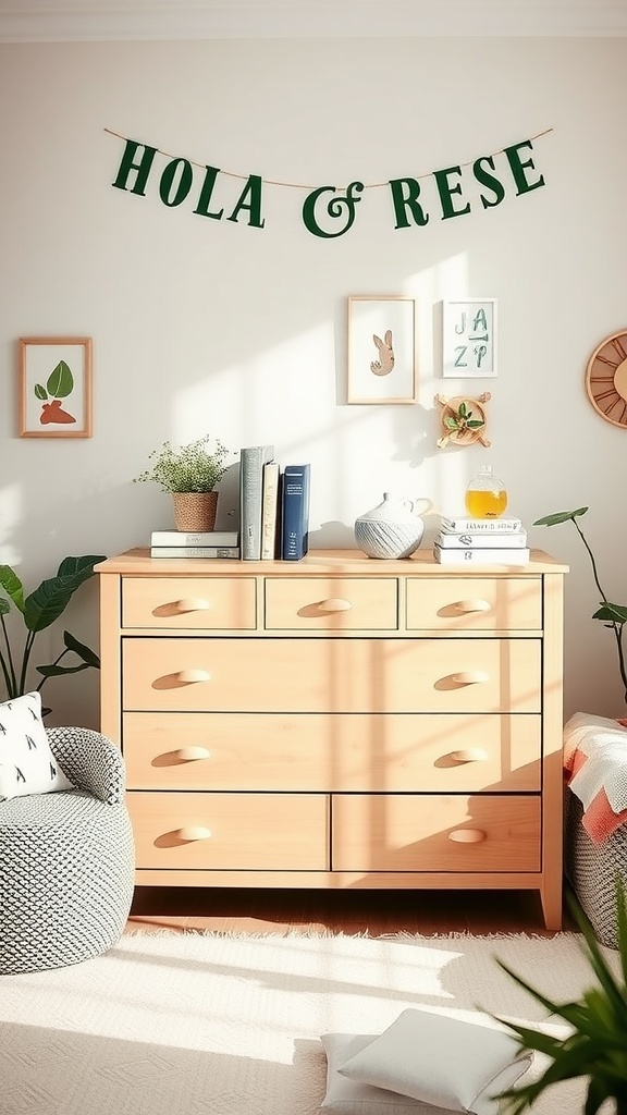 A bright nursery dresser with a sunny atmosphere, featuring a variety of organization elements and decorations.