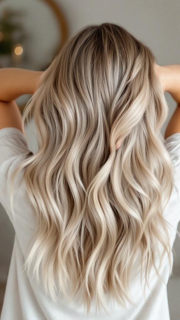 A person showing off beautiful ash blonde balayage hair with soft waves.