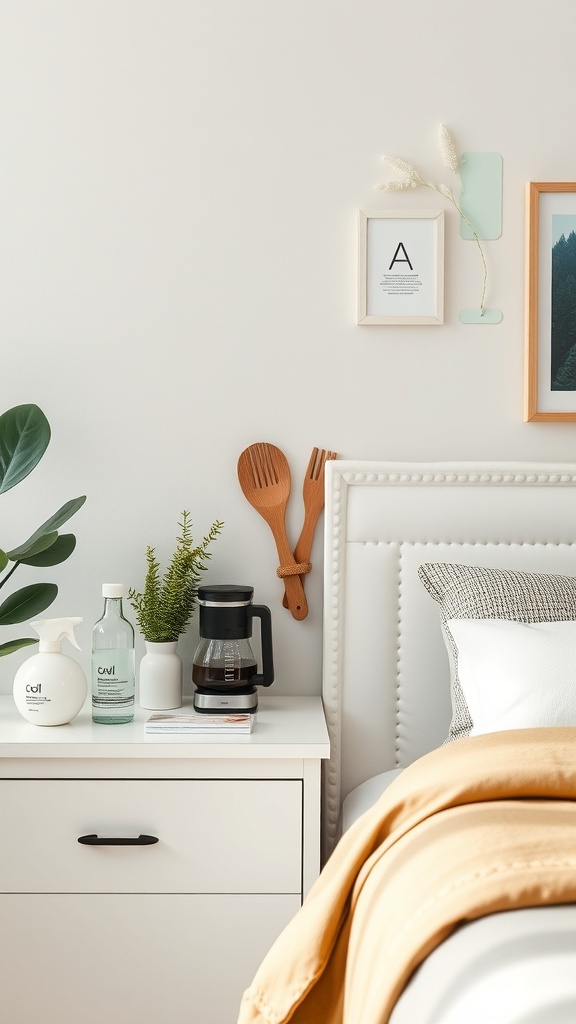 A cozy coffee station with a coffee maker, plants, and decorative items on a bedside table.