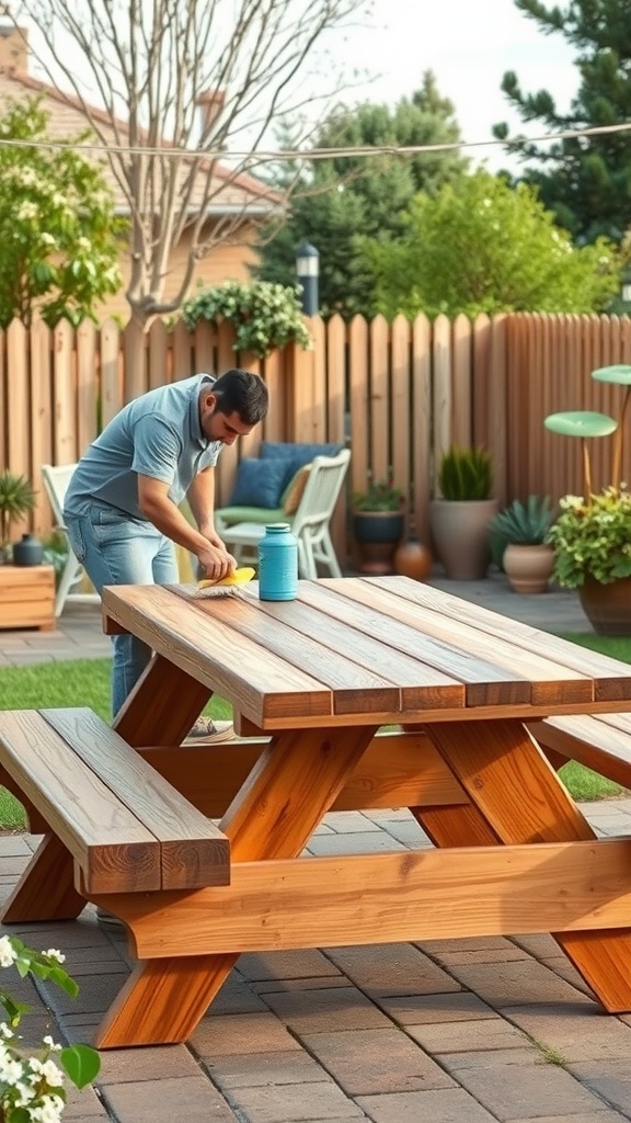 A person maintaining a wooden picnic table in a backyard setting.
