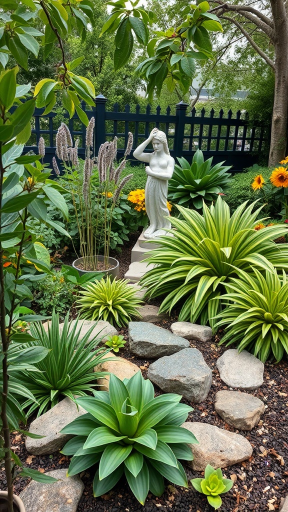 A lush garden featuring a statue, vibrant green plants, and decorative stones.