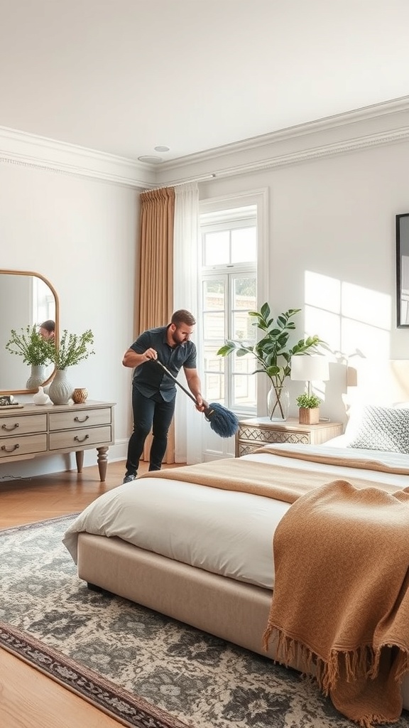 A person cleaning a well-decorated bedroom with a duster.
