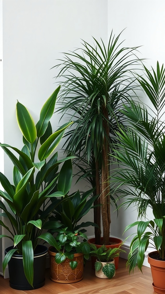 A collection of tall house plants in pots against a wall, showcasing a variety of leafy greens.
