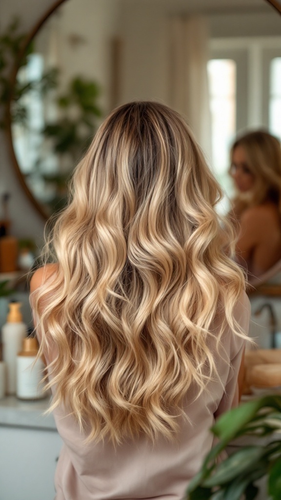 A woman with long, wavy hair featuring chunky blonde highlights, viewed from the back.