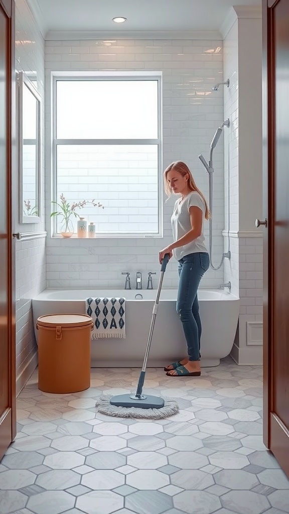A woman cleaning hexagon tile bathroom floor with a mop.