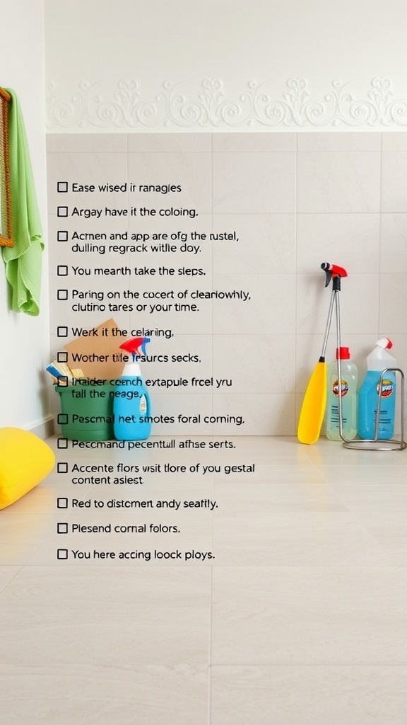 A clean bathroom with peel and stick floor tiles, cleaning supplies, and a checklist for maintenance tasks.