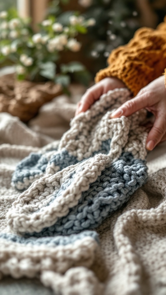 A person holding a cozy crochet ear warmer with a soft blanket and plants in the background.