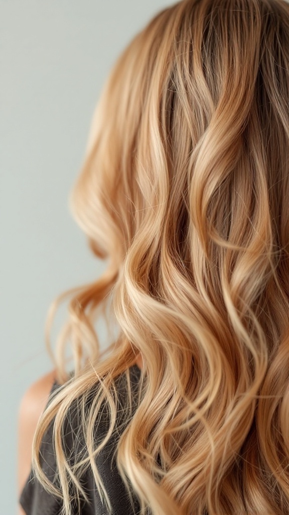 Beautiful strawberry blonde balayage hairstyle with loose waves