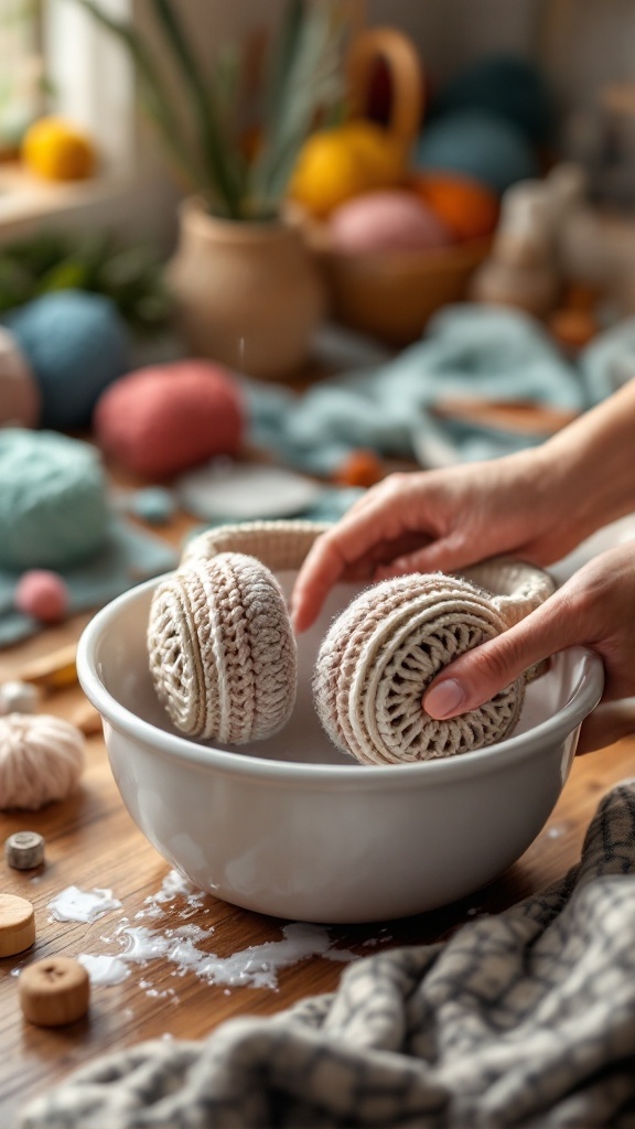 A person washing crochet headphone covers in a white bowl, with colorful yarn in the background.