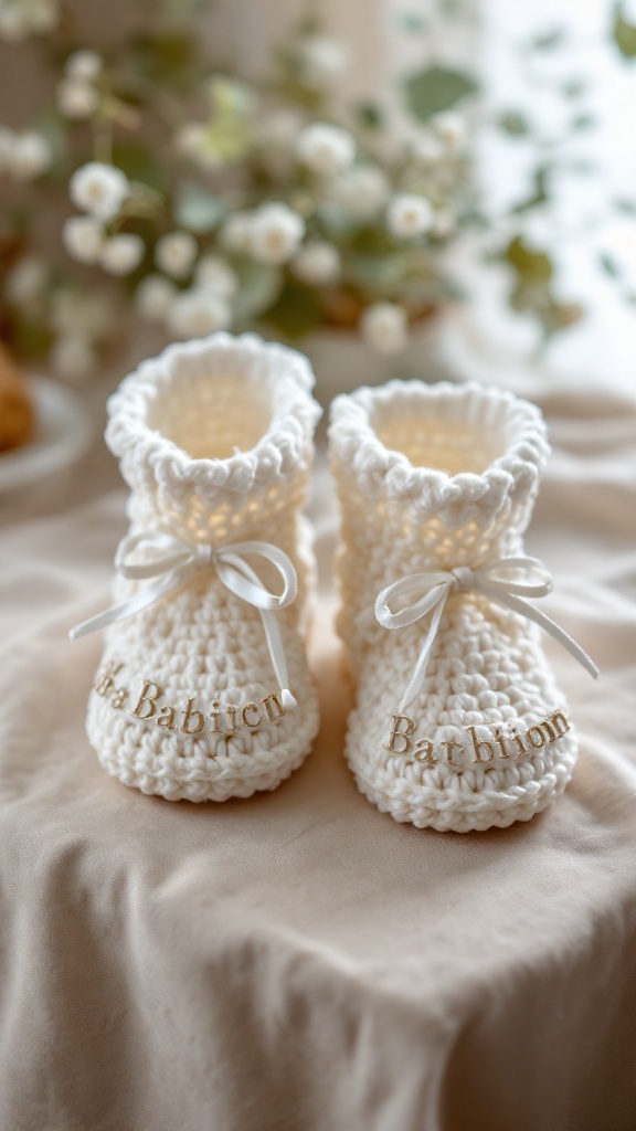 Crochet baby booties with ribbons and personalized embroidery