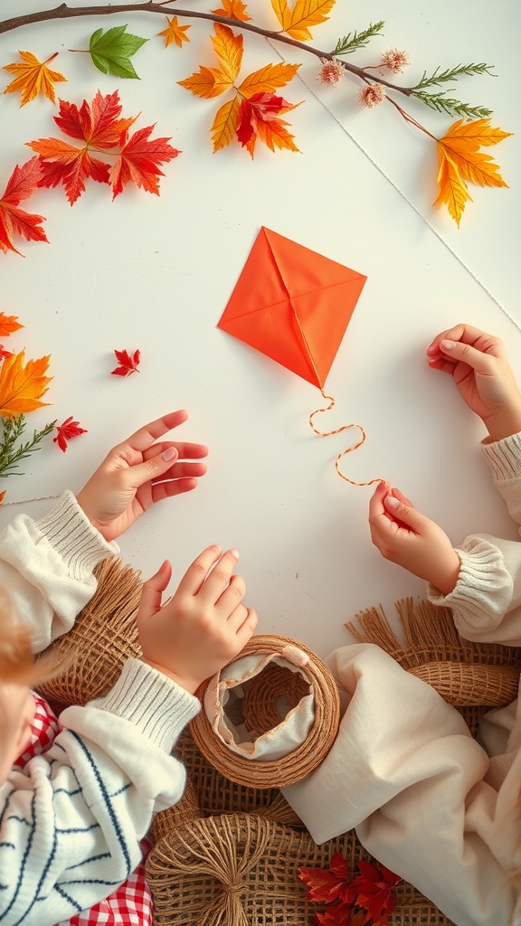 Image of children crafting a DIY kite with natural materials, surrounded by autumn leaves.