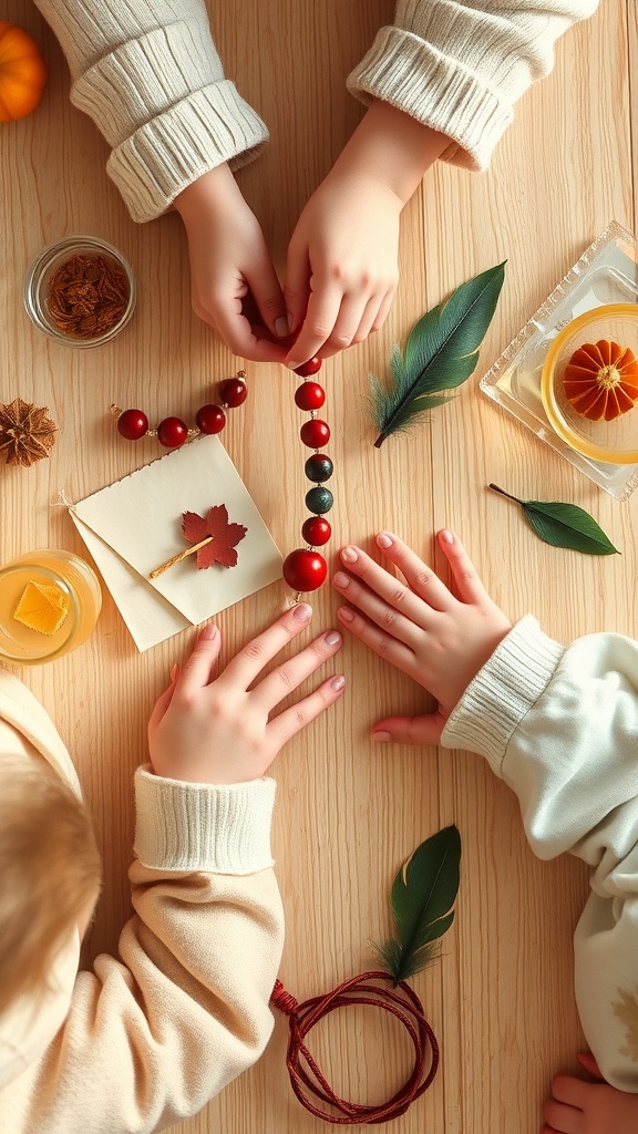 Children making nature-inspired jewelry with beads and leaves on a wooden table.