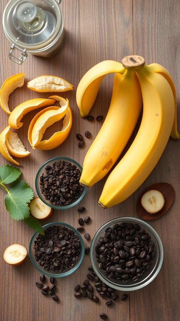A variety of ingredients for homemade organic fertilizers including bananas, coffee grounds, and leaves on a wooden surface.
