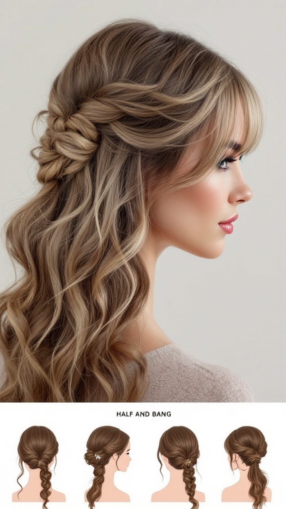 A chic half up half down hairstyle with bangs, featuring various styling options below.