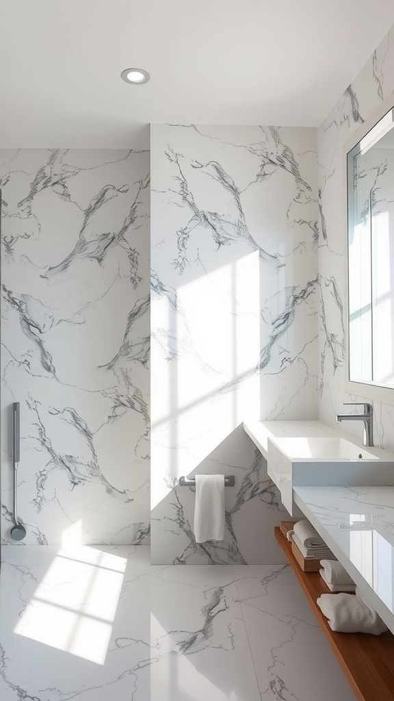 Modern bathroom featuring marble accents and finishes with wooden shelves.