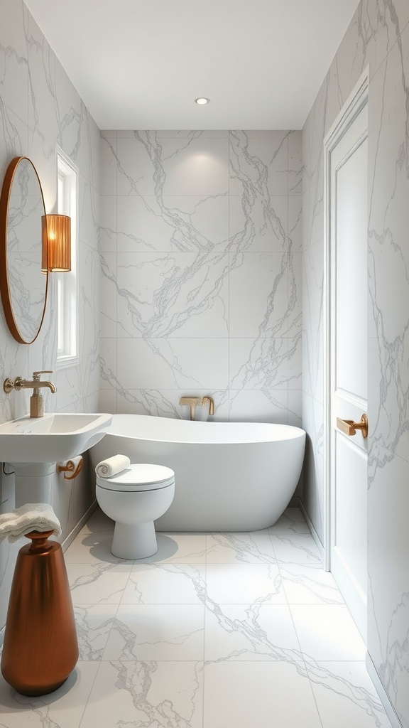 A modern small bathroom with marble effect tiles, featuring a bathtub, sink, and stylish decor.