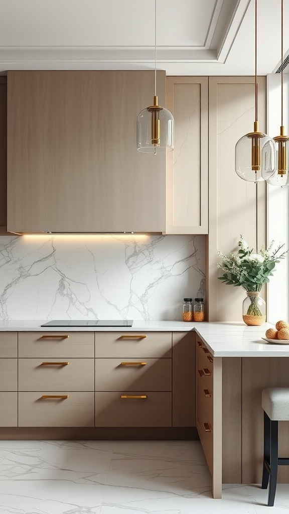 A modern kitchen featuring a marble backsplash, wooden cabinets, and stylish pendant lighting.