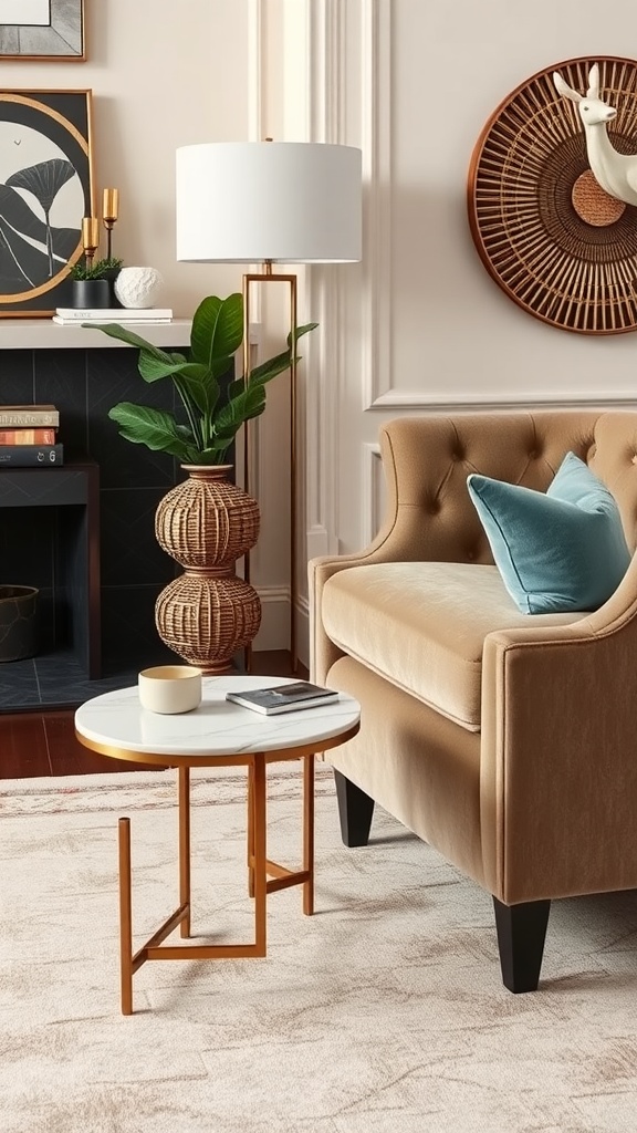 A cozy living room featuring a marble top side table beside a beige armchair, with a floor lamp and a plant in the background.