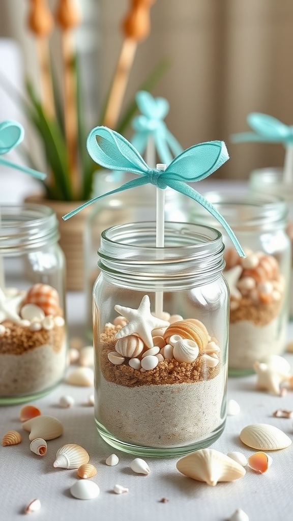 Jars filled with sand and seashells decorated with turquoise ribbons