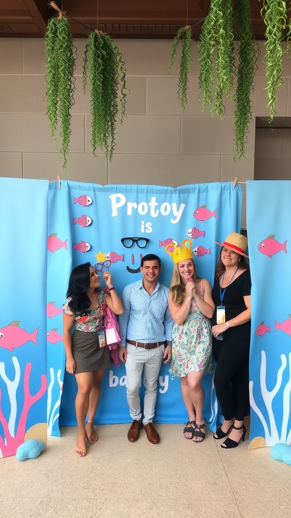 Group of friends posing in front of a marine life themed photo booth at a baby shower.