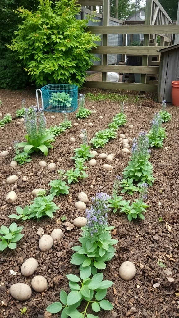A garden bed with rows of potato plants interspersed with marjoram, showcasing green leaves and purple flowers.