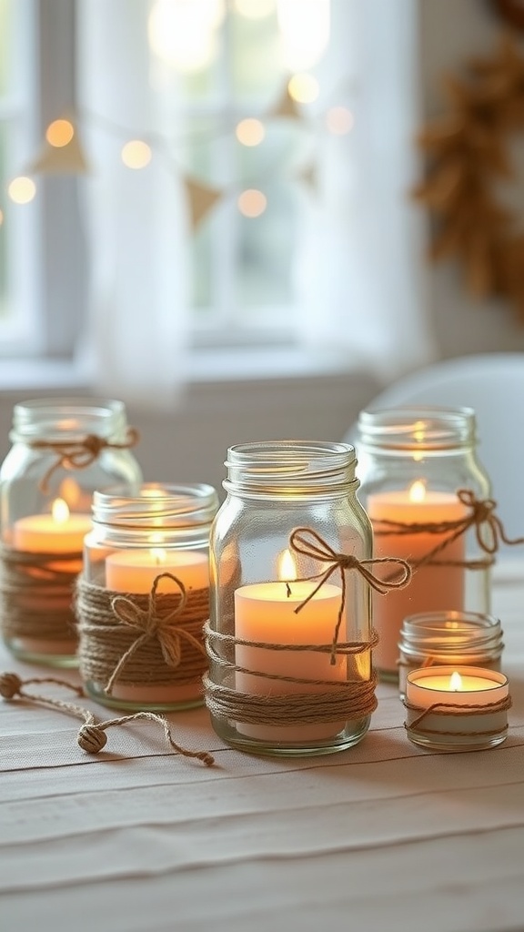 A collection of mason jar candle holders with twine, featuring glowing candles inside.