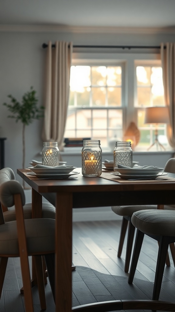A cozy dining table with mason jar candle holders, softly lit, creating a warm atmosphere.