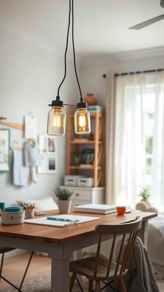 Two mason jar light fixtures hanging above a wooden table in a crafts room