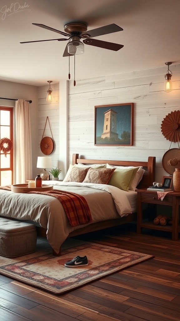 A cozy western bedroom featuring mason jar lighting fixtures and wooden decor.