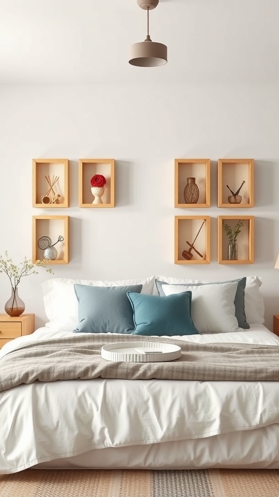 A cozy bedroom featuring mason jar shadow boxes filled with decorative items on the wall.