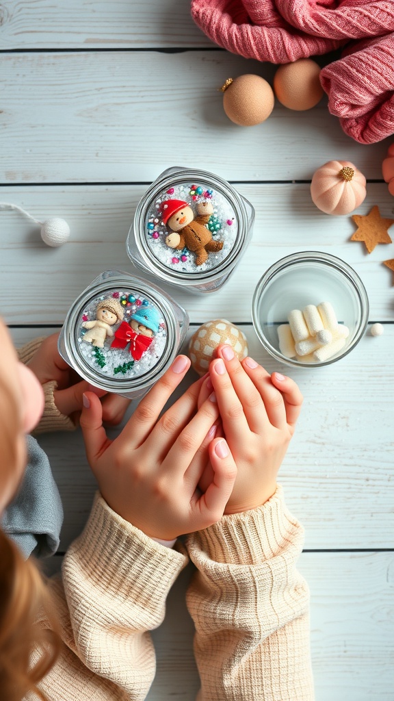 Hands holding mason jar snow globes filled with small figures and sprinkles