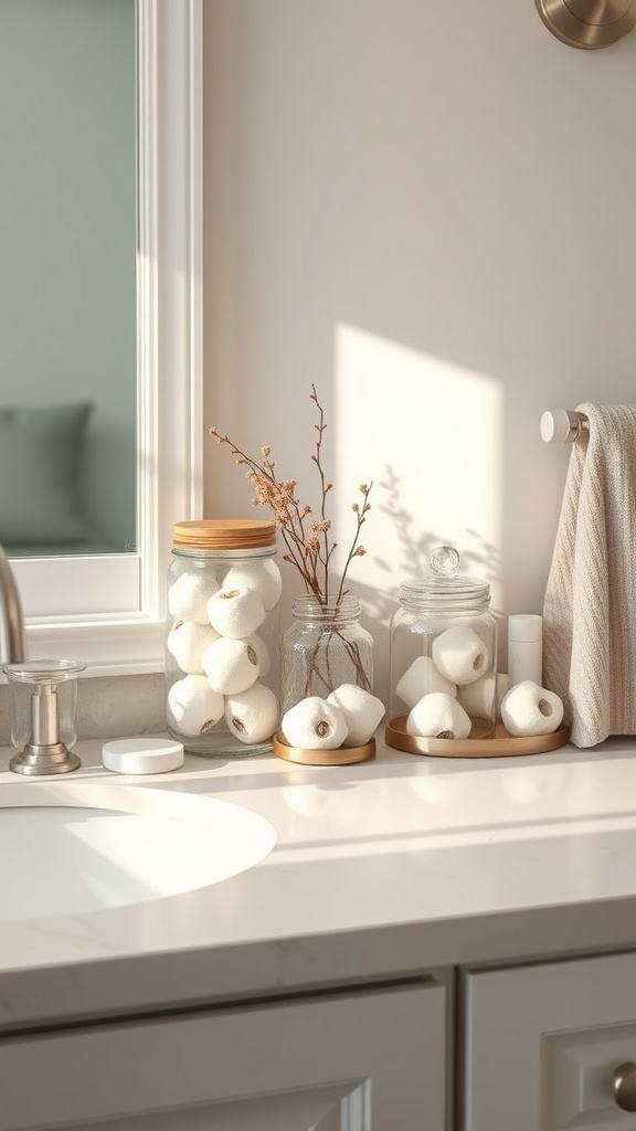 A rustic bathroom countertop featuring mason jars filled with cotton balls and decorative branches.