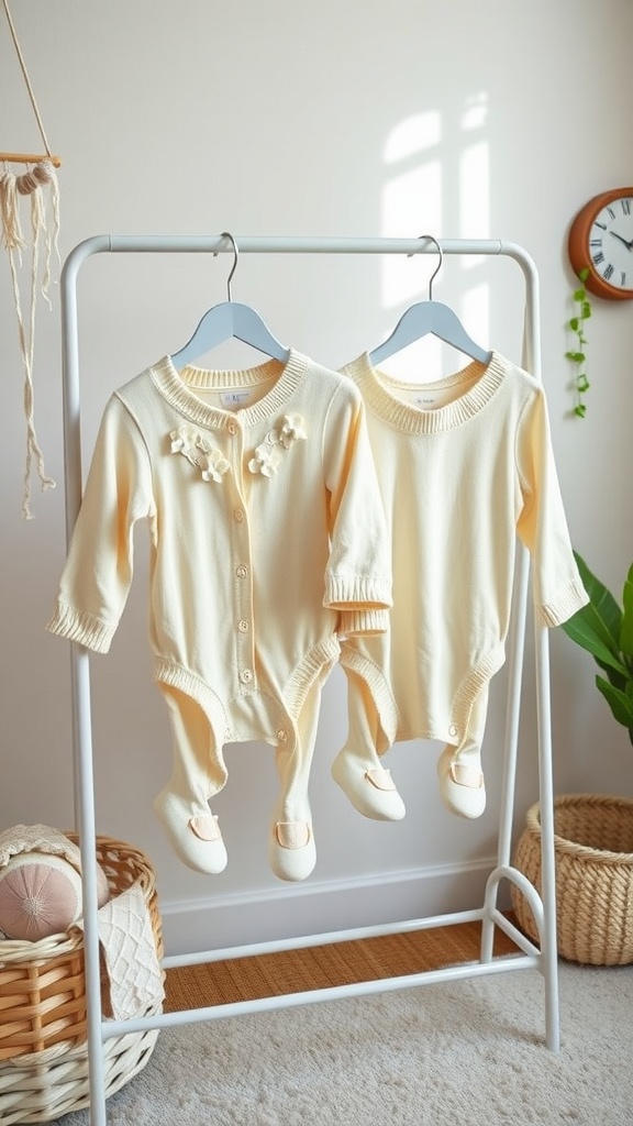 Two matching baby outfits in soft yellow hanging on a rack