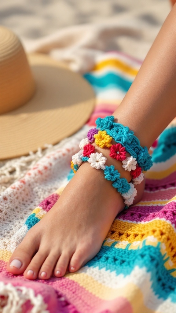 Colorful crochet bracelets and anklets on a foot, with a straw hat and a colorful beach blanket in the background.
