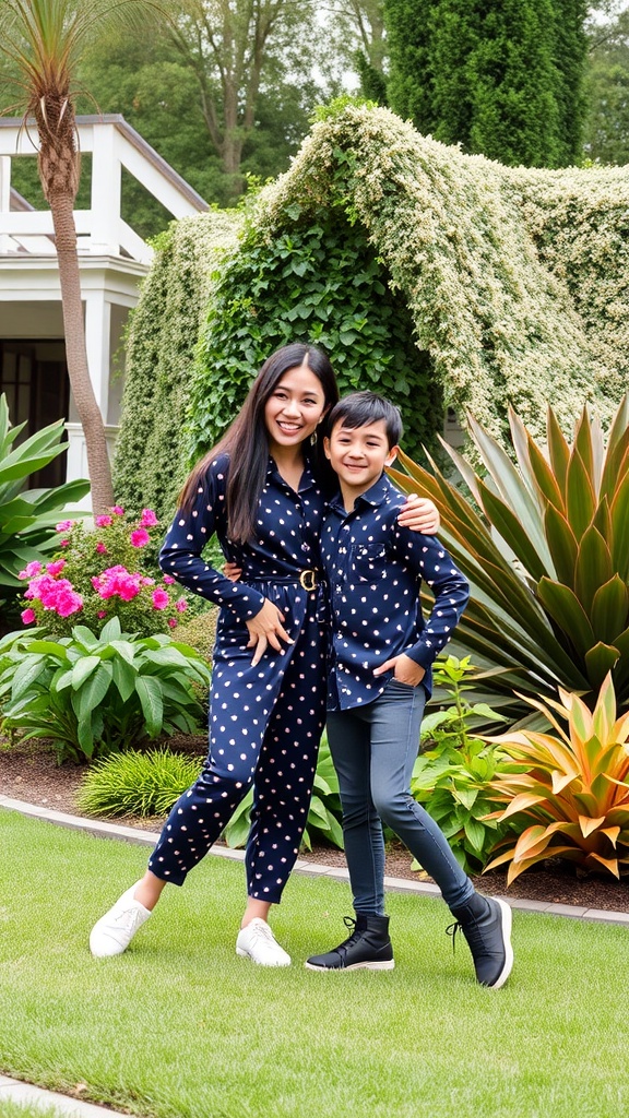 Mom and son in matching navy blue polka dot outfits, smiling together in a garden setting.
